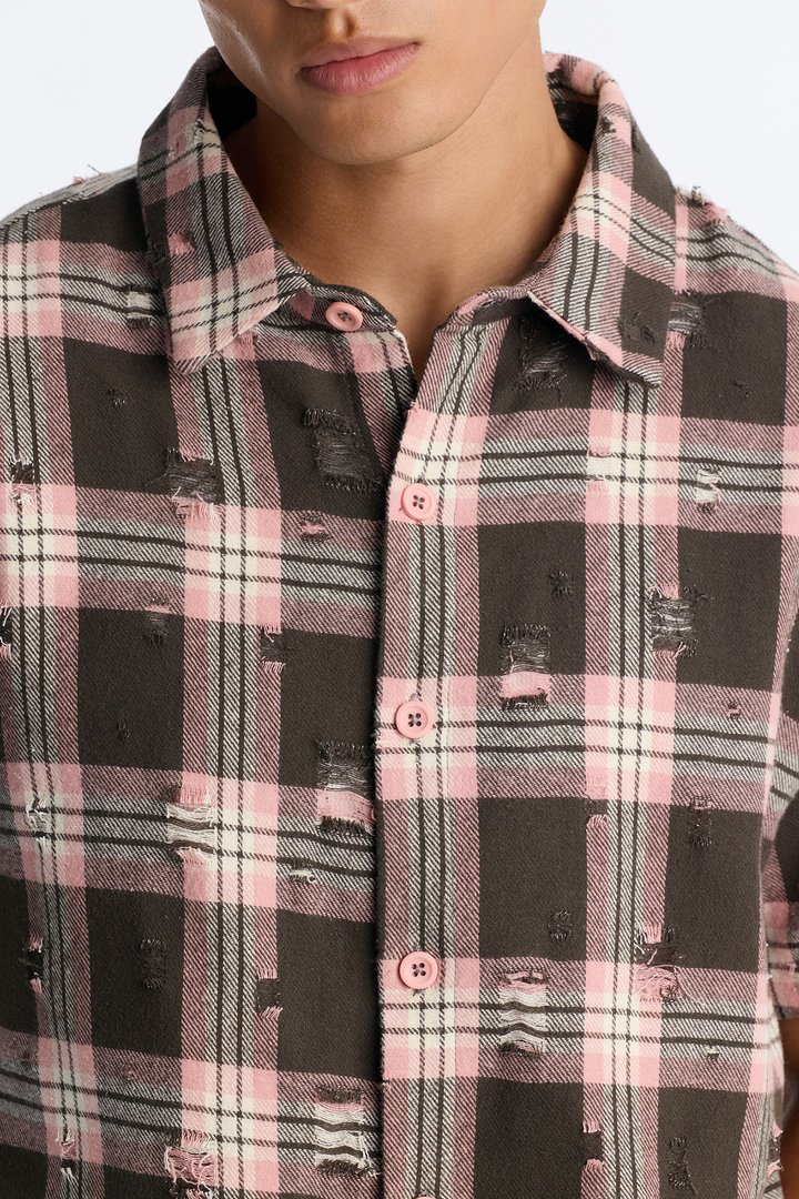 Plaid Washed Flannel Button Up Shirt - Pink/combo
