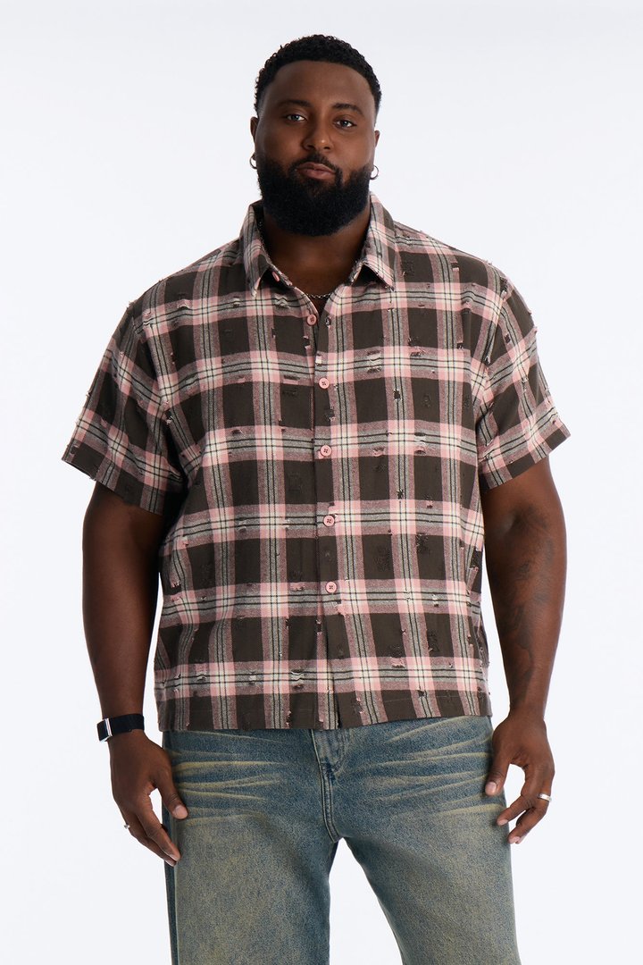 Plaid Washed Flannel Button Up Shirt - Pink/combo