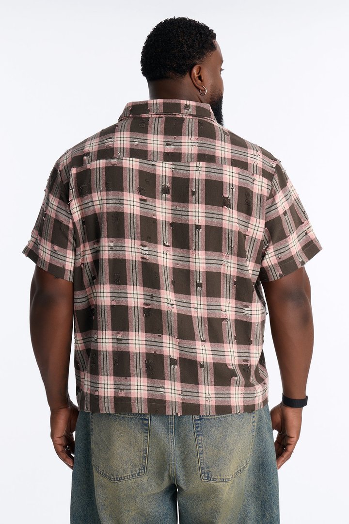Plaid Washed Flannel Button Up Shirt - Pink/combo