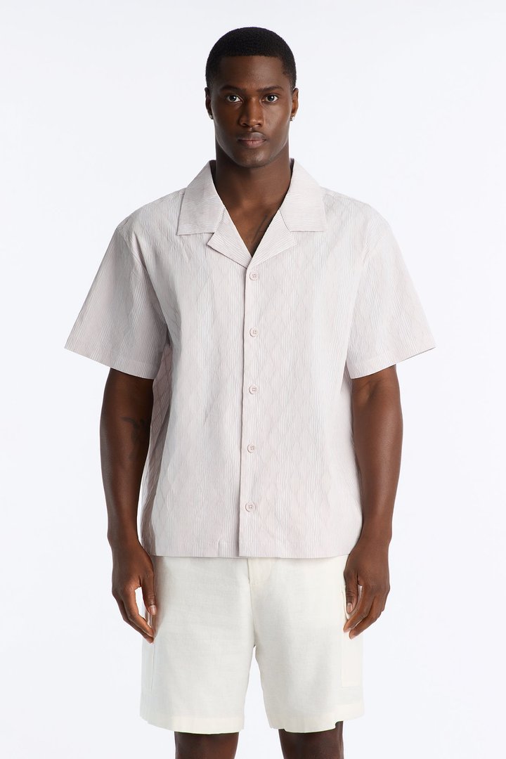 Harbor Stripe Cuban Collar Button Up Shirt - Mauve/combo