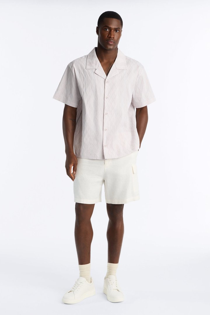 Harbor Stripe Cuban Collar Button Up Shirt - Mauve/combo