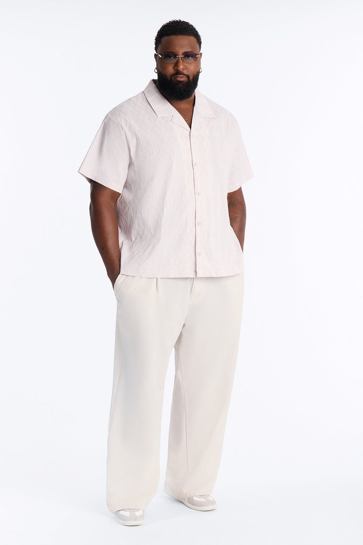 Harbor Stripe Cuban Collar Button Up Shirt - Mauve/combo
