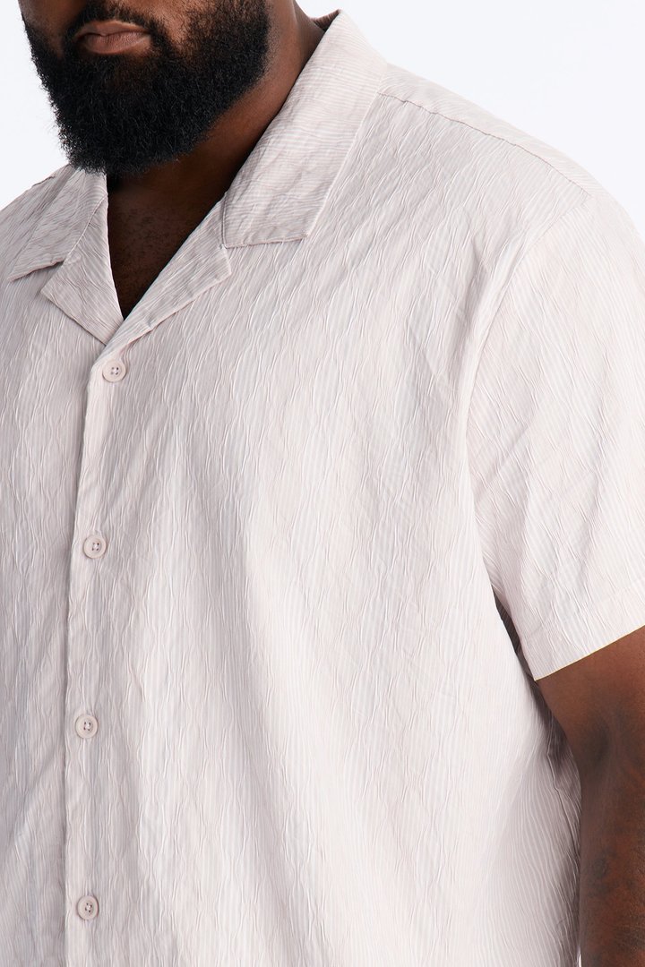 Harbor Stripe Cuban Collar Button Up Shirt - Mauve/combo