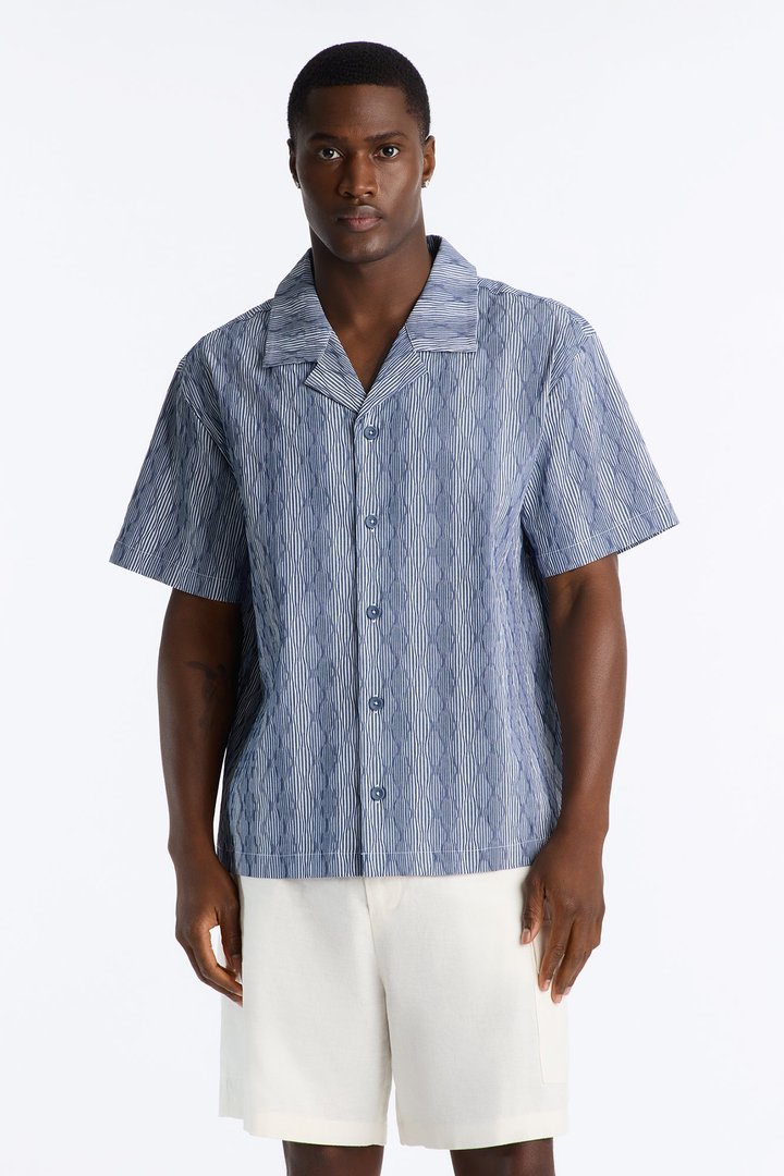 Harbor Stripe Cuban Collar Button Up Shirt - Navy/combo