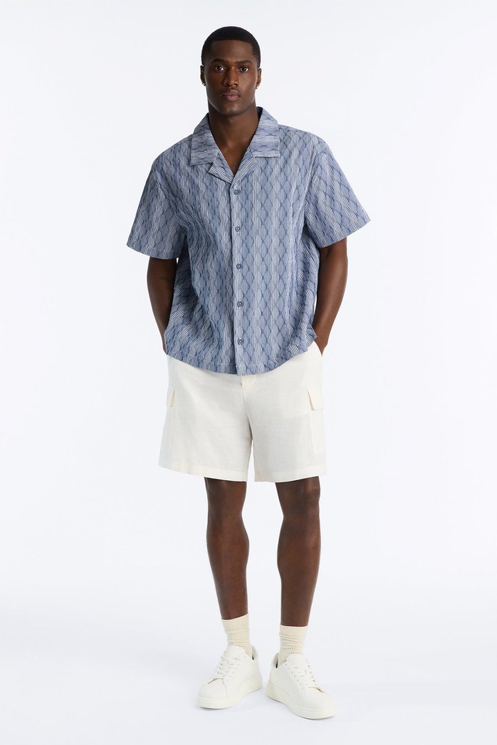 Harbor Stripe Cuban Collar Button Up Shirt - Navy/combo
