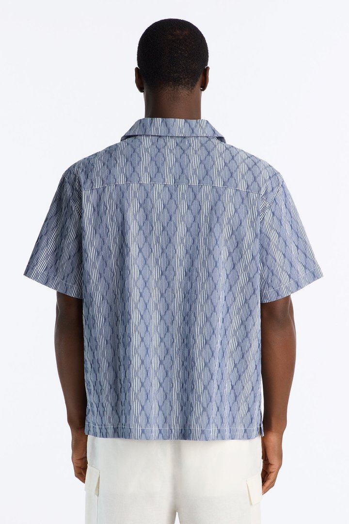 Harbor Stripe Cuban Collar Button Up Shirt - Navy/combo