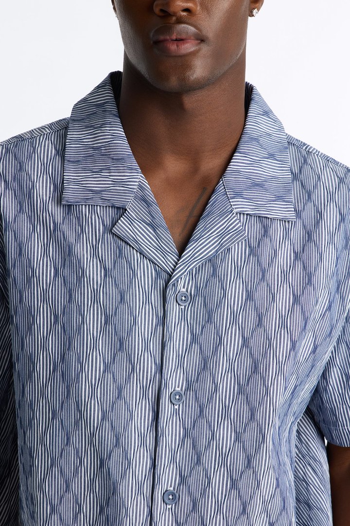 Harbor Stripe Cuban Collar Button Up Shirt - Navy/combo