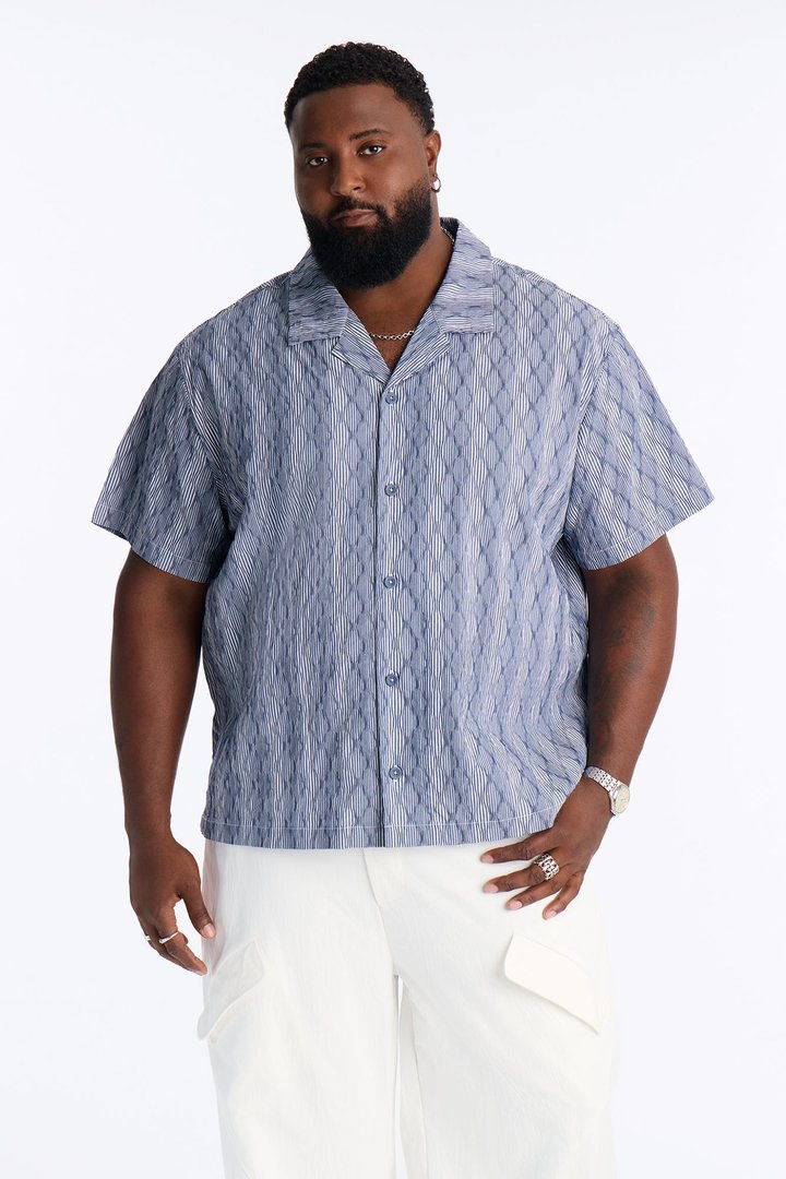 Harbor Stripe Cuban Collar Button Up Shirt - Navy/combo