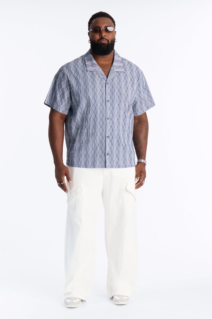 Harbor Stripe Cuban Collar Button Up Shirt - Navy/combo
