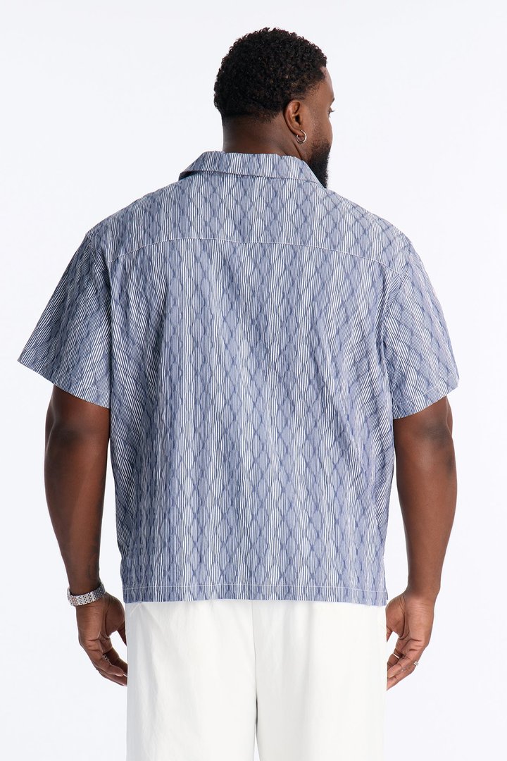 Harbor Stripe Cuban Collar Button Up Shirt - Navy/combo