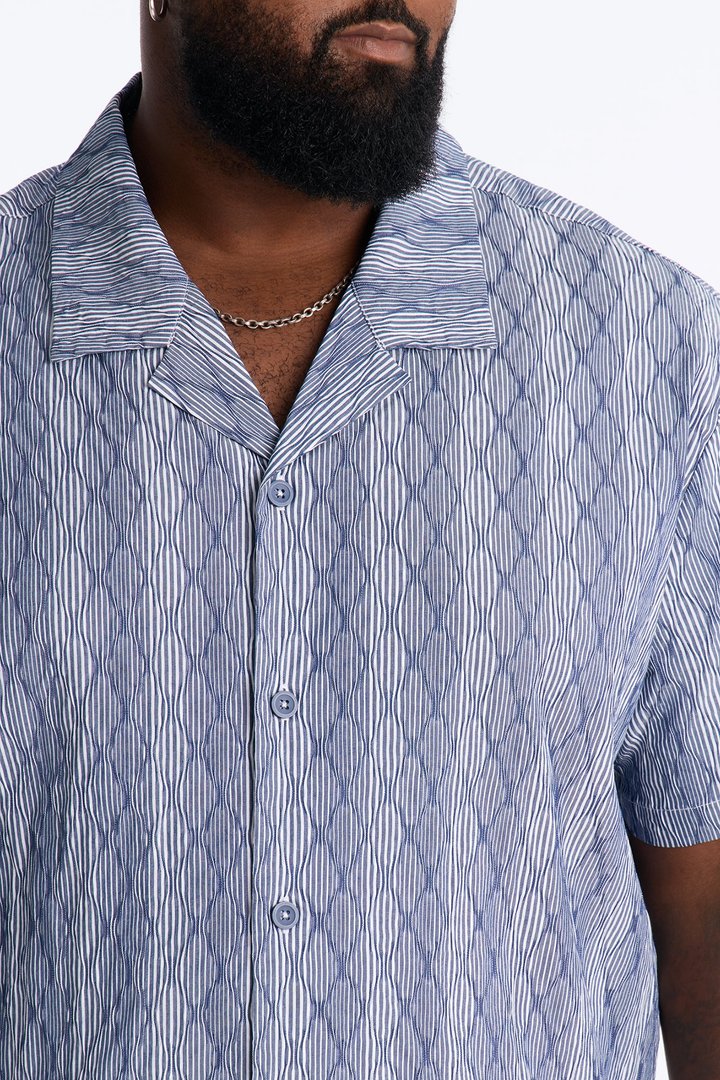 Harbor Stripe Cuban Collar Button Up Shirt - Navy/combo