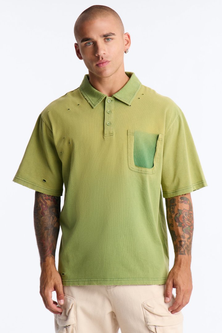 Inverse Pocket Wash Destructed Polo - Green