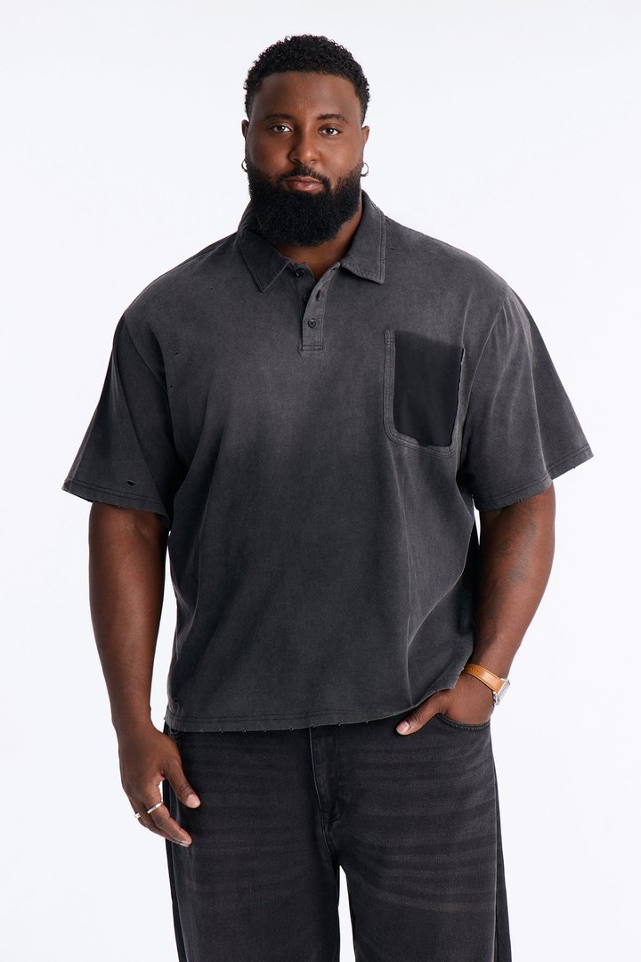 Inverse Pocket Wash Destructed Polo - Washed Black