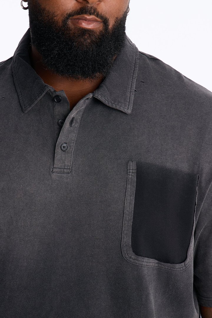 Inverse Pocket Wash Destructed Polo - Washed Black