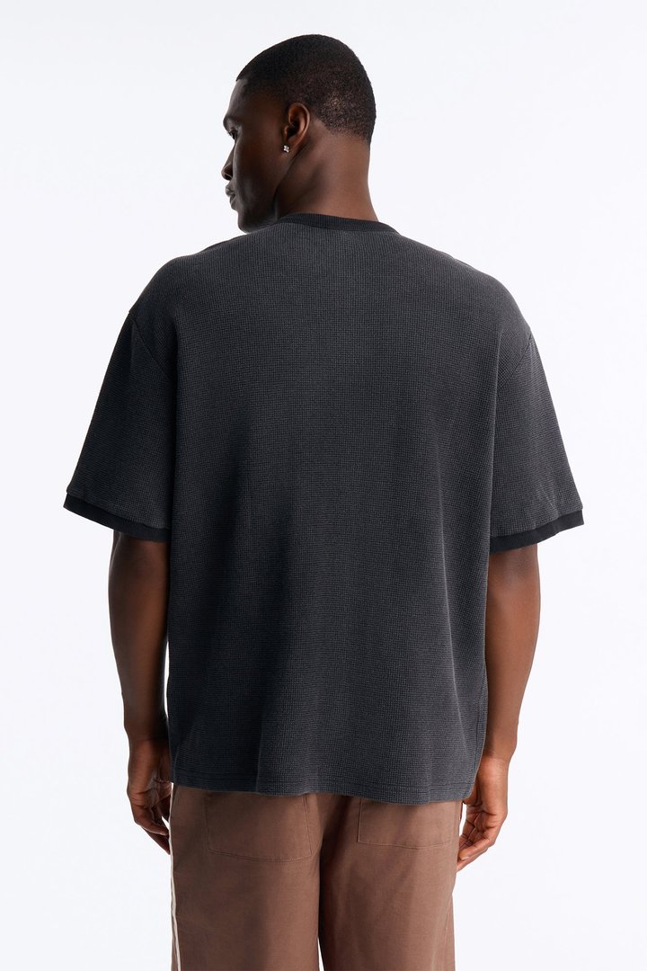 Classic Waffle Henley Tee - Black