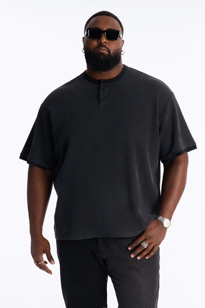 Classic Waffle Henley Tee - Black