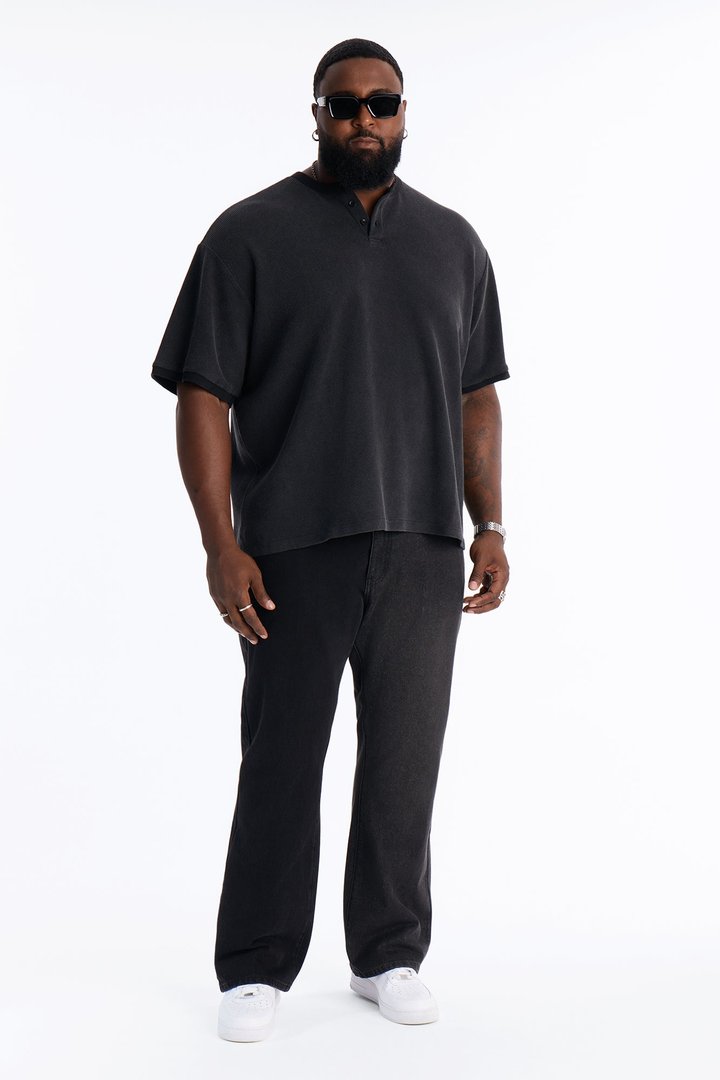 Classic Waffle Henley Tee - Black