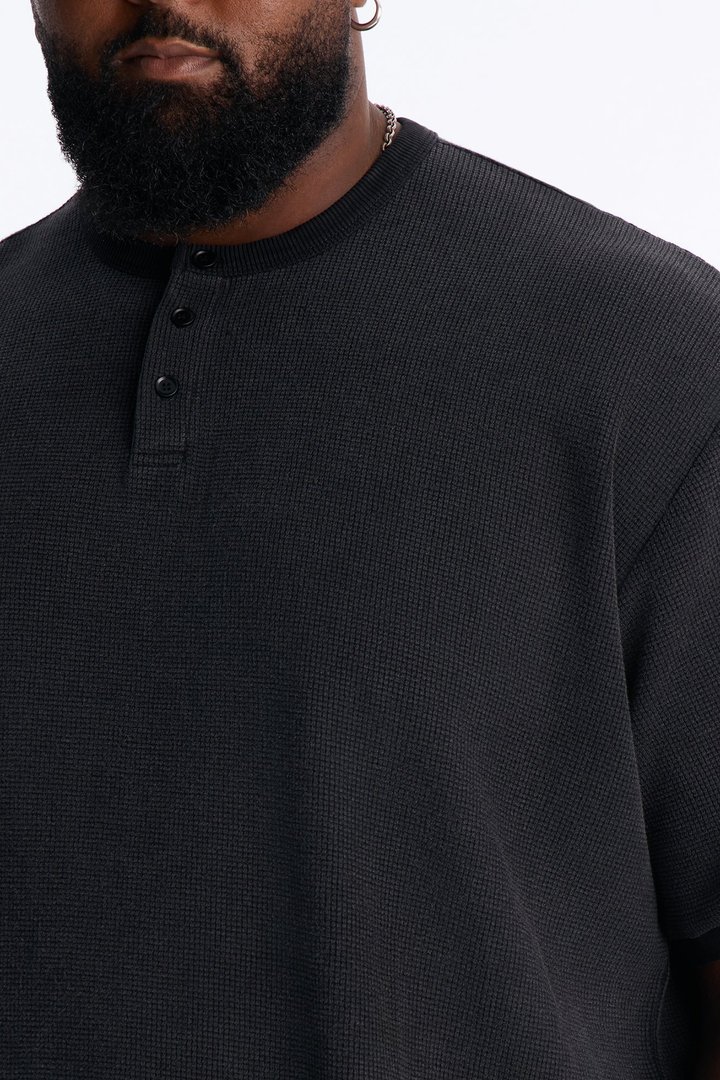 Classic Waffle Henley Tee - Black