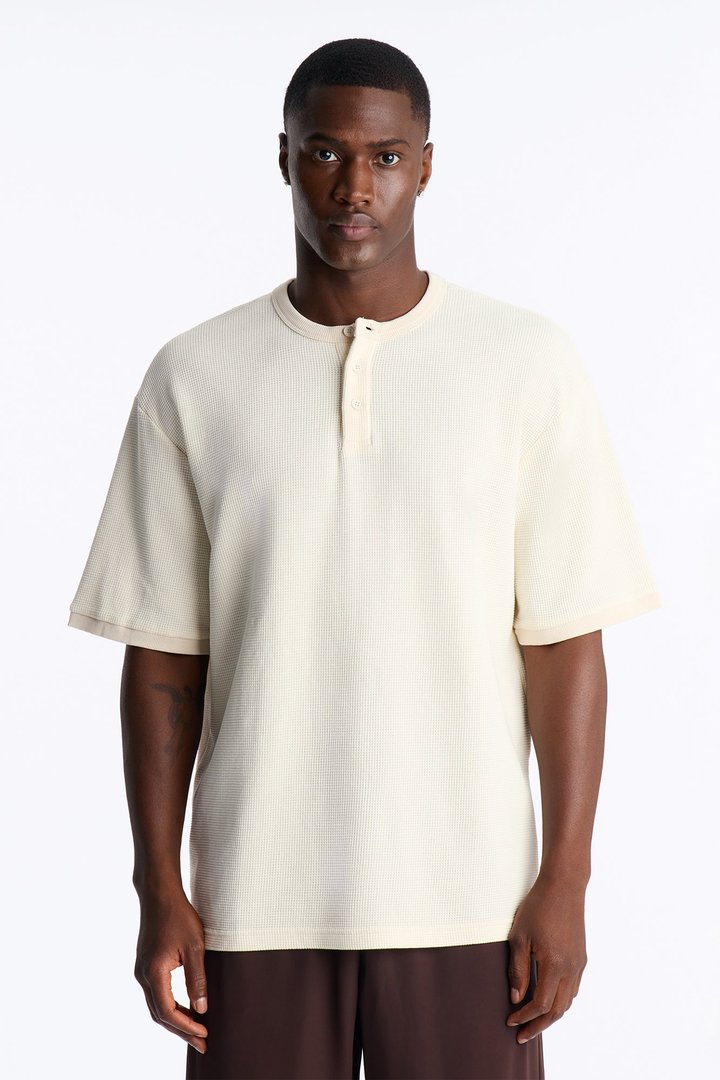 Classic Waffle Henley Tee - Cream