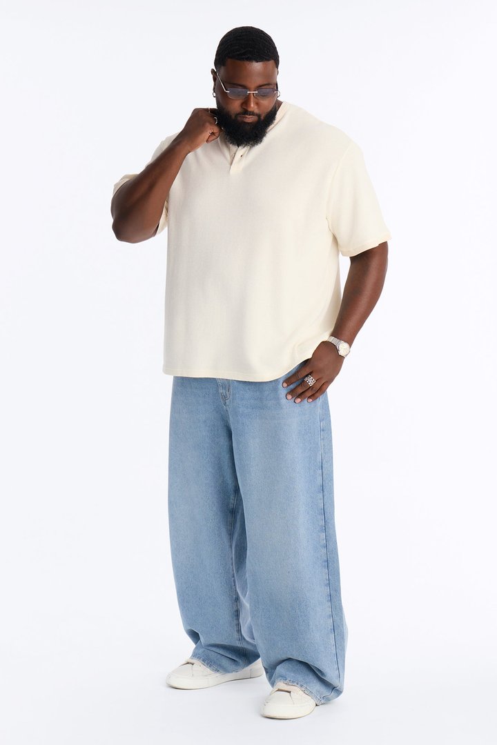 Classic Waffle Henley Tee - Cream