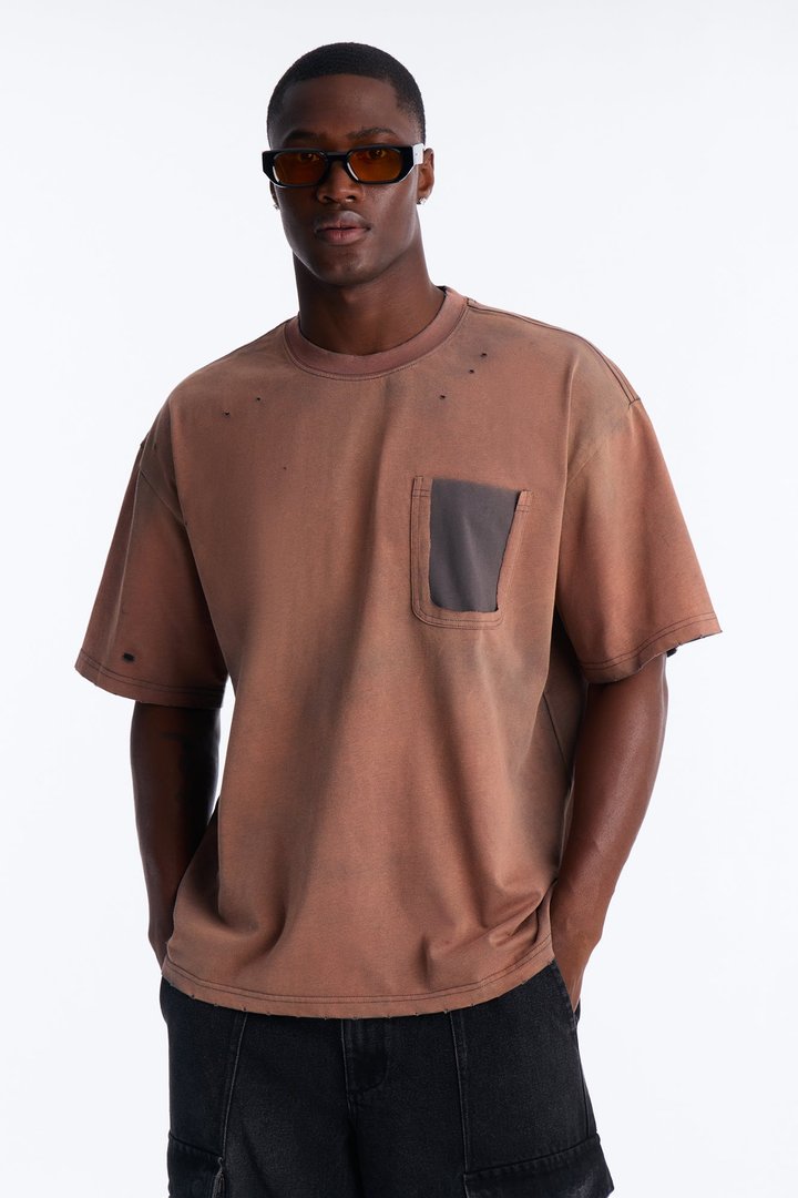 Inverse Pocket Wash Destructed Tee - Washed Brown