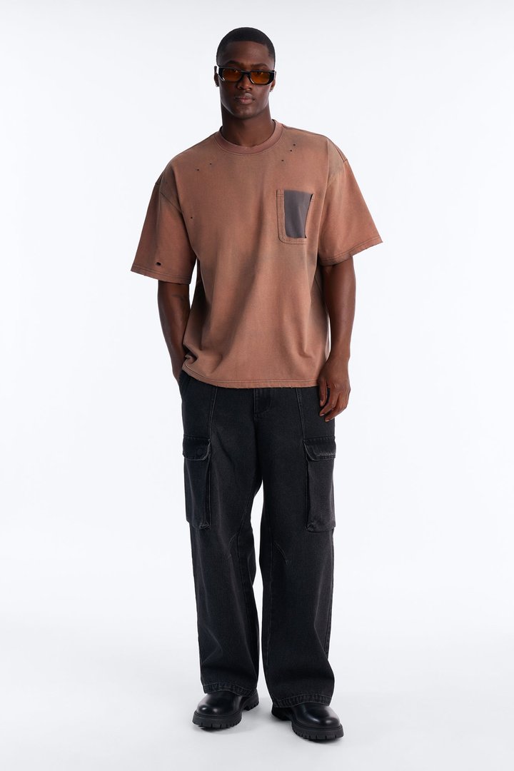 Inverse Pocket Wash Destructed Tee - Washed Brown