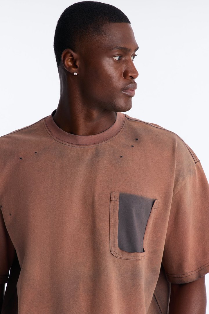 Inverse Pocket Wash Destructed Tee - Washed Brown