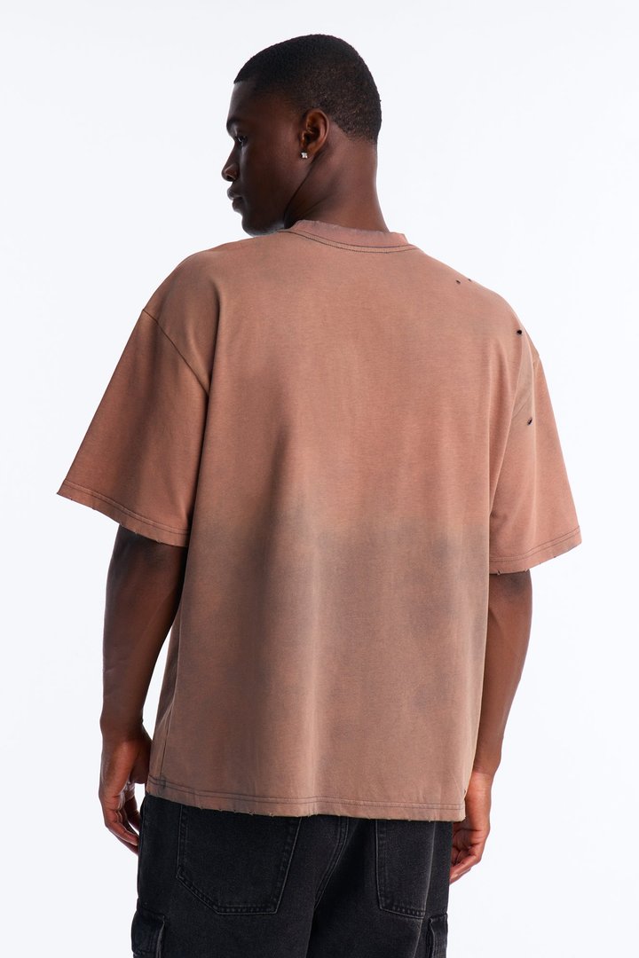 Inverse Pocket Wash Destructed Tee - Washed Brown