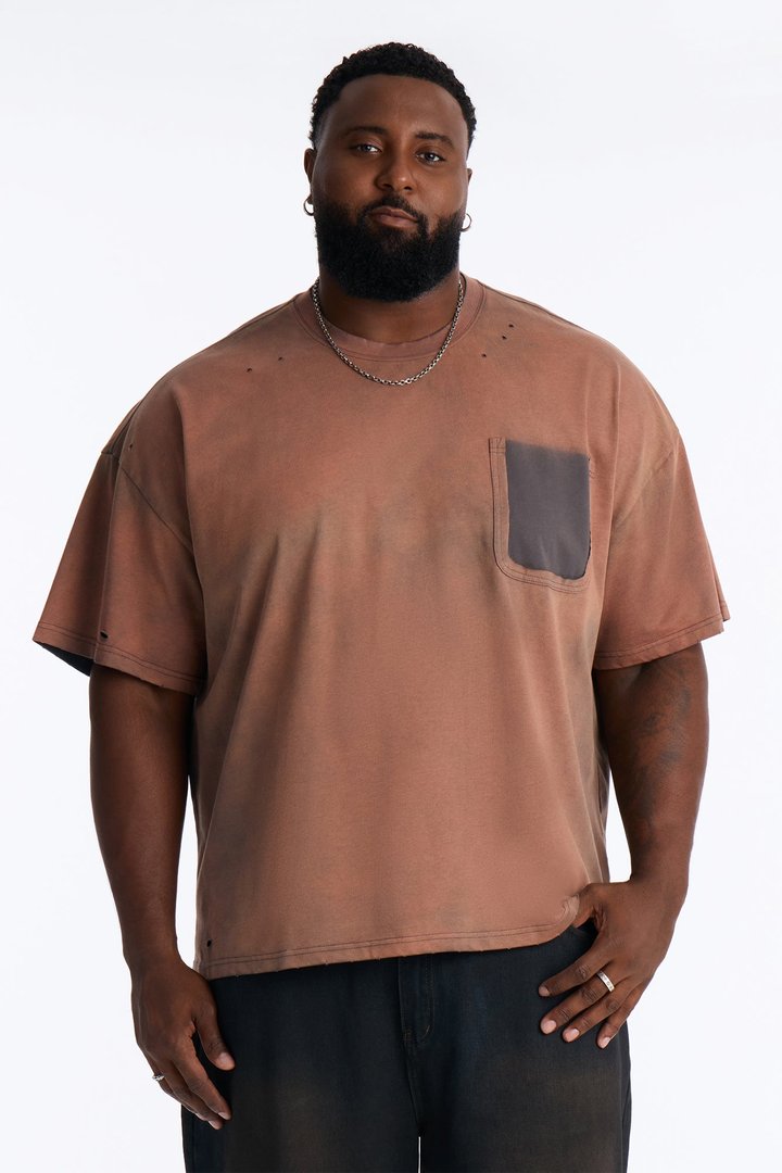 Inverse Pocket Wash Destructed Tee - Washed Brown