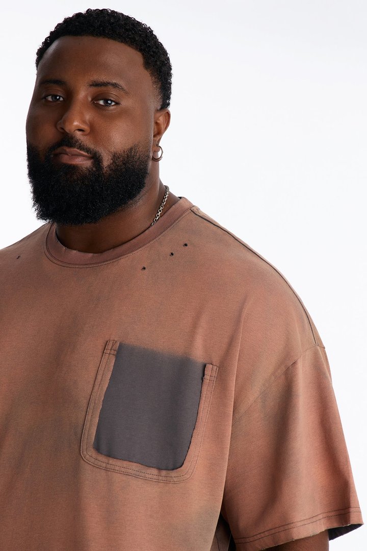 Inverse Pocket Wash Destructed Tee - Washed Brown