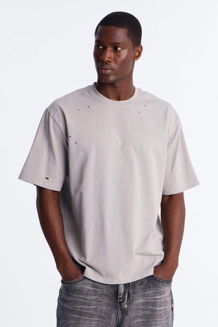 Destructed Crewneck Tee - Grey