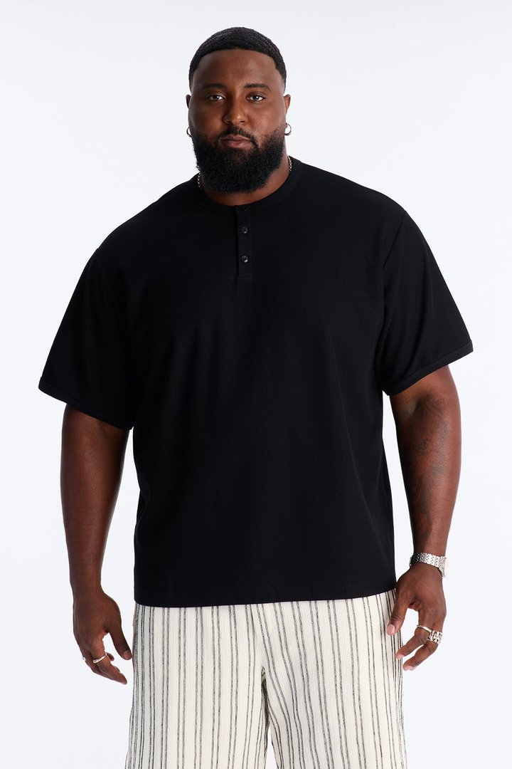Ribbed Henley Tee - Black