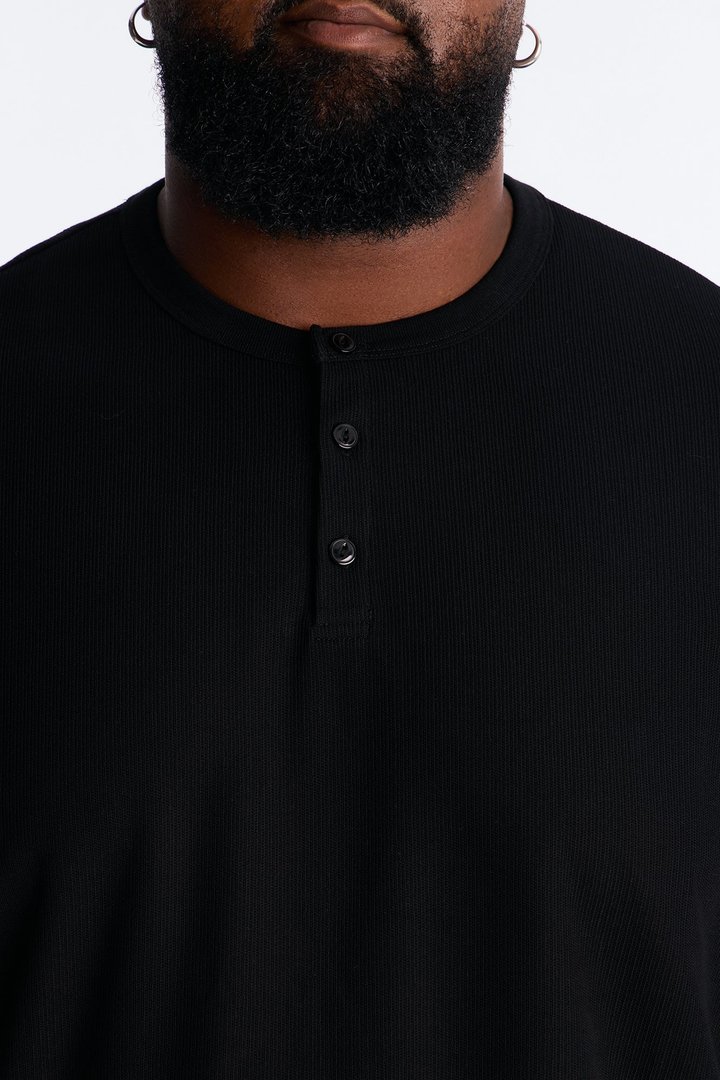 Ribbed Henley Tee - Black
