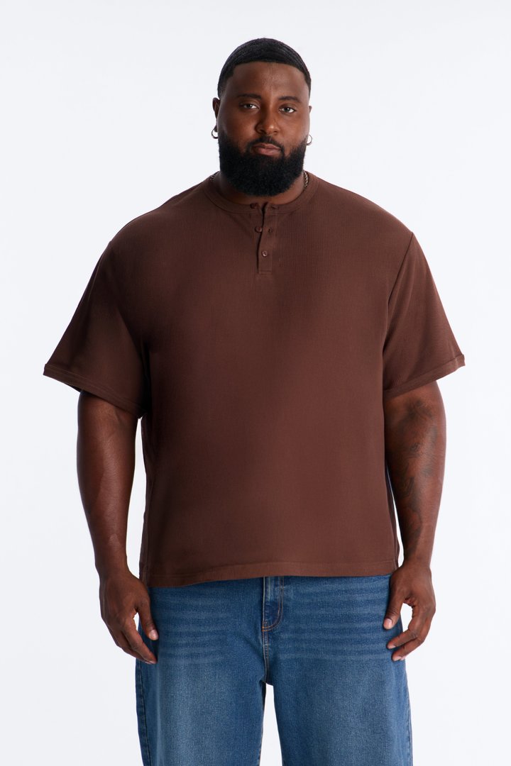 Ribbed Henley Tee - Chocolate