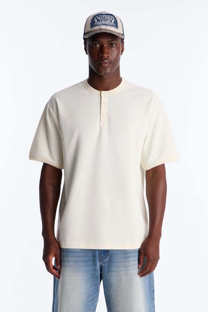 Ribbed Henley Tee - Cream