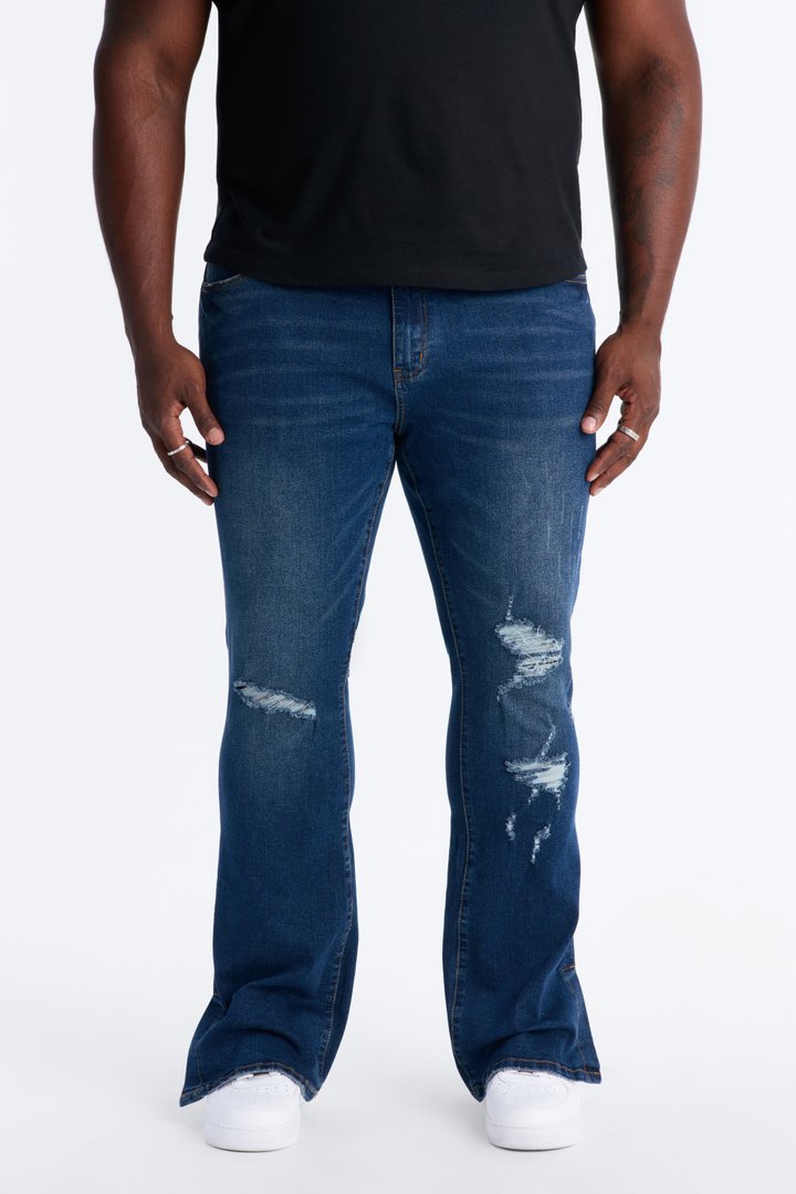 Stacked Skinny Flare Slit Dare Me Distressed Jean - Dark Wash