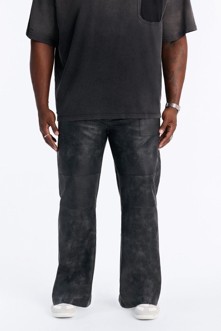 Straight Flared Stone Grained Faux Leather Zip Pant - Black