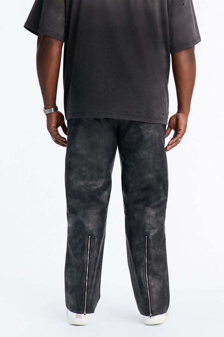 Straight Flared Stone Grained Faux Leather Zip Pant - Black
