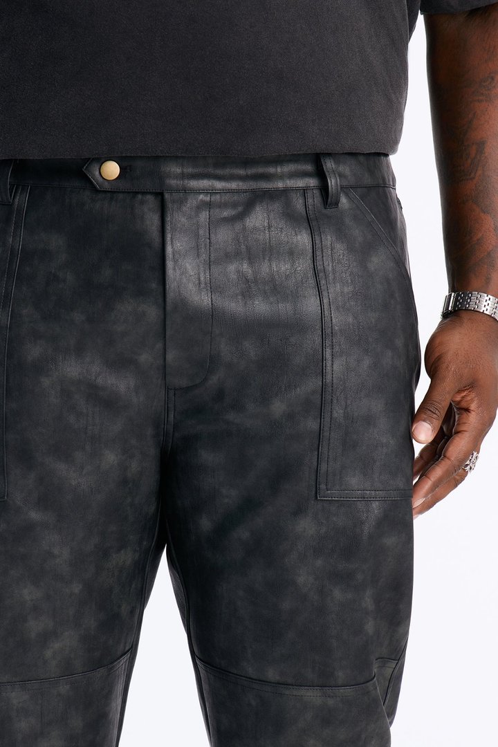 Straight Flared Stone Grained Faux Leather Zip Pant - Black