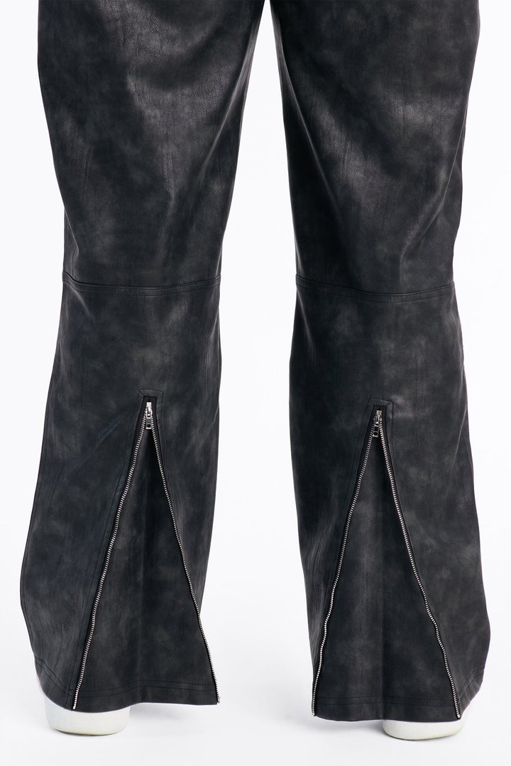 Straight Flared Stone Grained Faux Leather Zip Pant - Black