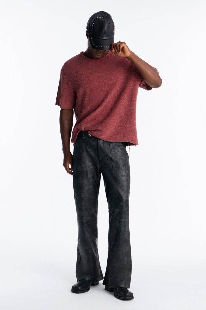 Straight Flared Stone Grained Faux Leather Zip Pant - Black