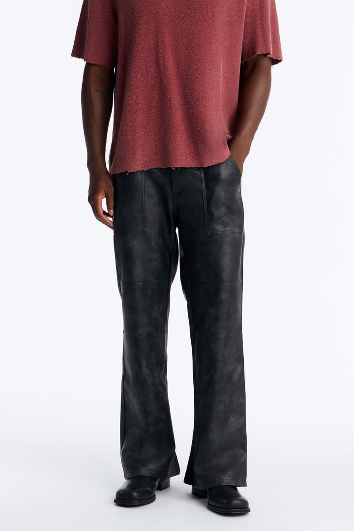 Straight Flared Stone Grained Faux Leather Zip Pant - Black