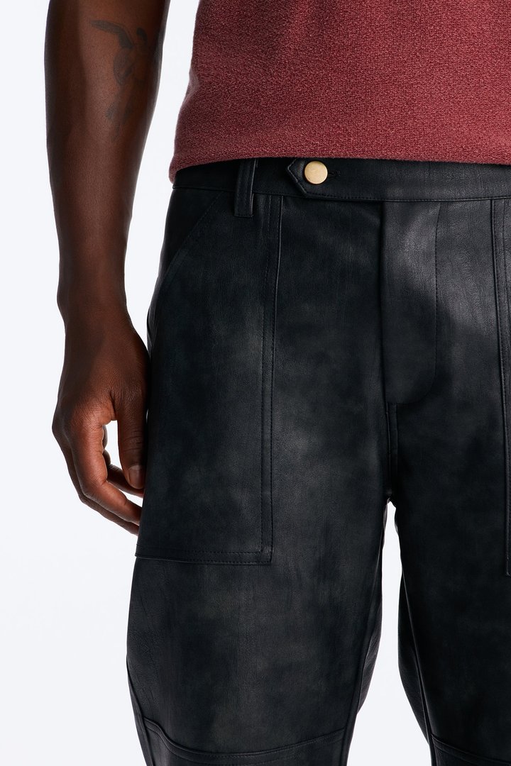 Straight Flared Stone Grained Faux Leather Zip Pant - Black