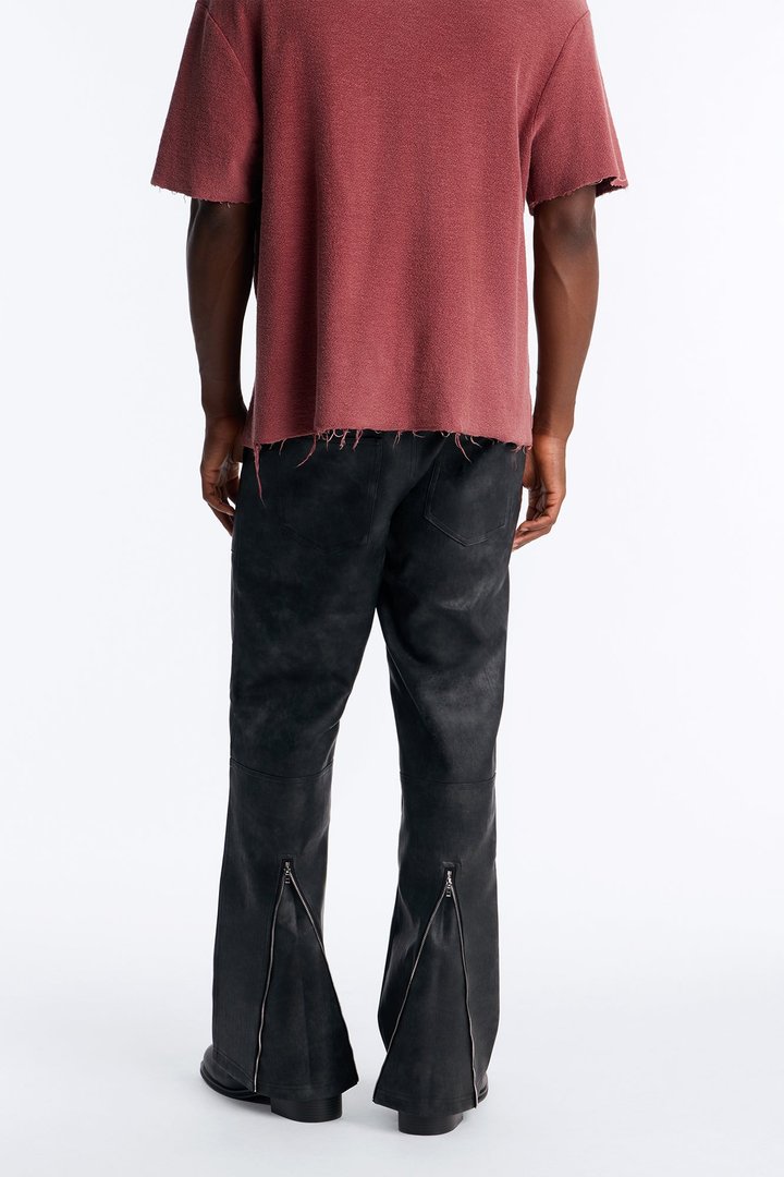 Straight Flared Stone Grained Faux Leather Zip Pant - Black