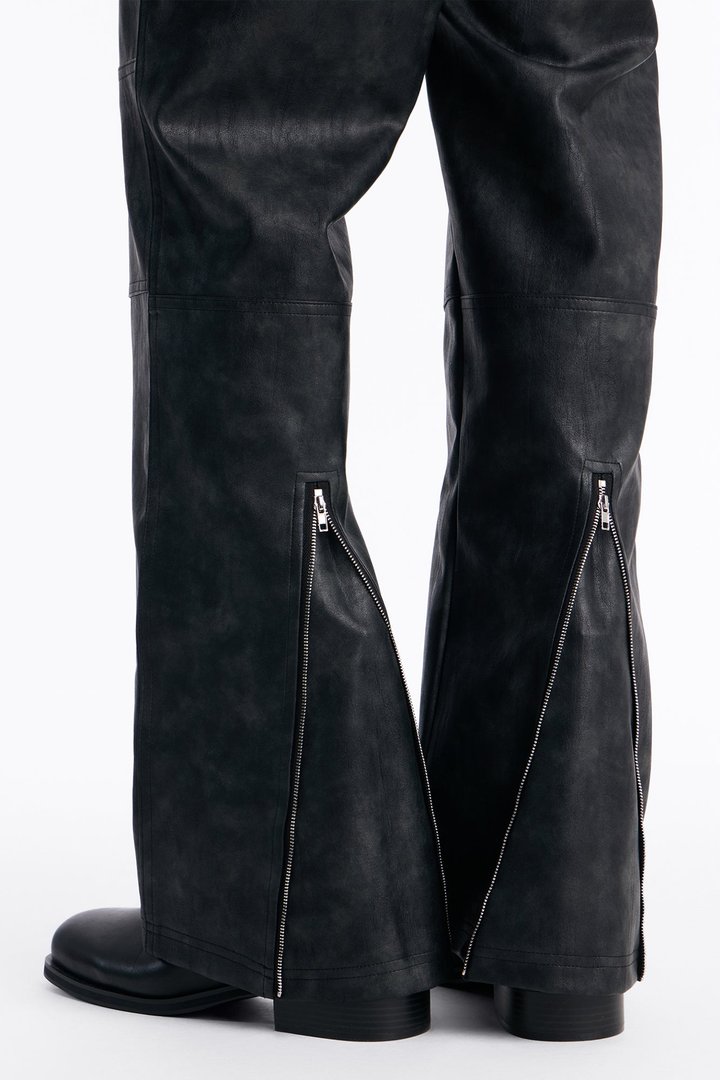 Straight Flared Stone Grained Faux Leather Zip Pant - Black