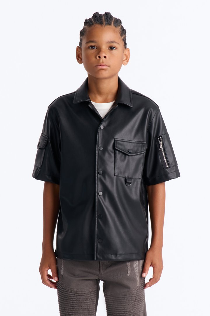 Mini Utility Faux Leather Short Sleeve Button Up Shirt - Black