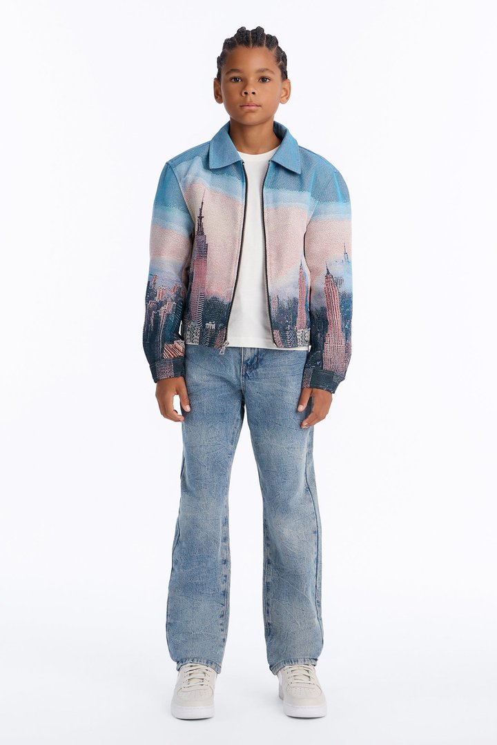 Mini Cropped Tapestry Skyline Work Jacket - Blue