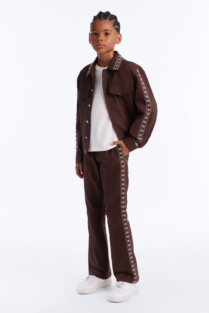 Mini Stacked Slim Flare On A Loop Embroidered Stitch Pant - Brown