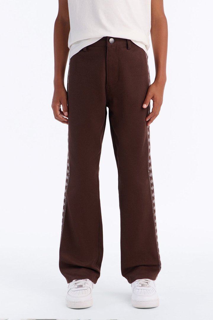 Mini Stacked Slim Flare On A Loop Embroidered Stitch Pant - Brown