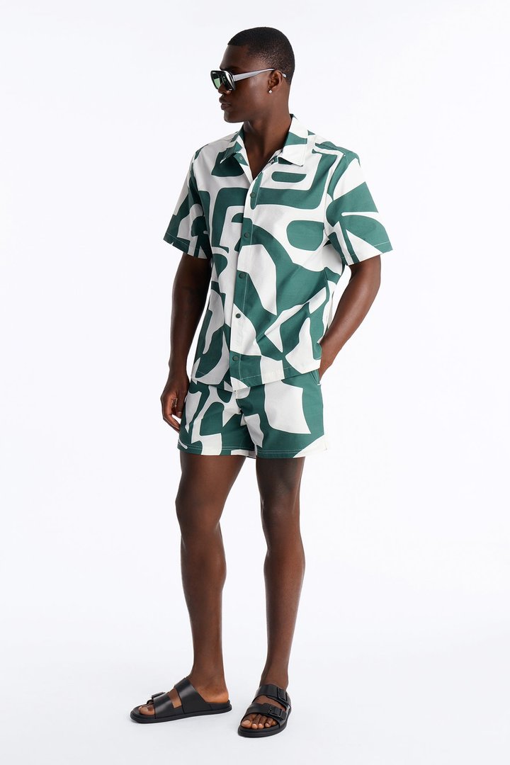 Seersucker Abstract Geo Printed Closed Collar Shirt - Green/combo
